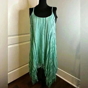 Lagaci Womens L Green Stripe‎ Gauzy Fringe Strappy Asymmetrical Bohemian Dress